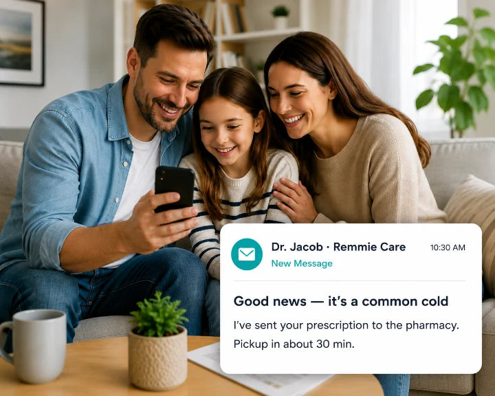 A happy family looks at a phone showing a message from Dr. Jacob at Remmie Care — 'Good news — it's a common cold. I've sent your prescription to the pharmacy. Pickup in about 30 min.'