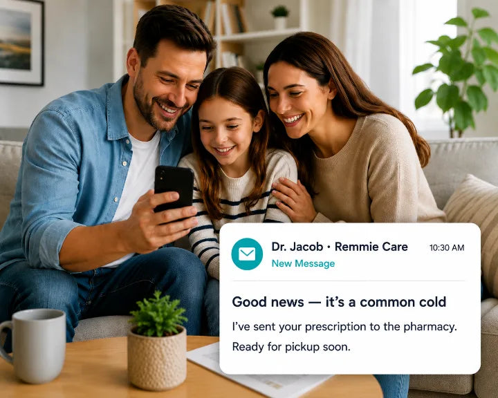 A happy family looks at a phone showing a message from Dr. Jacob at Remmie Care — 'Good news — it's a common cold. I've sent your prescription to the pharmacy — ready for pickup soon.'