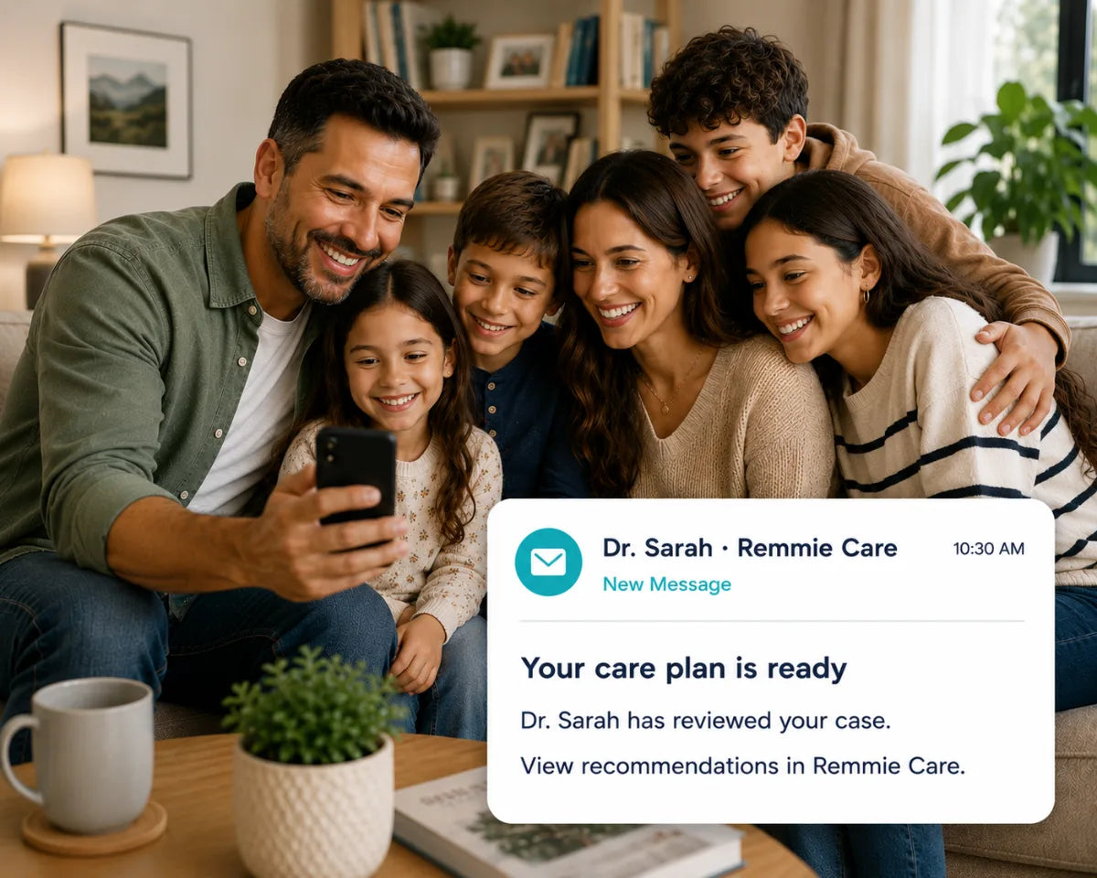 A happy family looks at a phone showing a reassuring message from a Remmie Care doctor