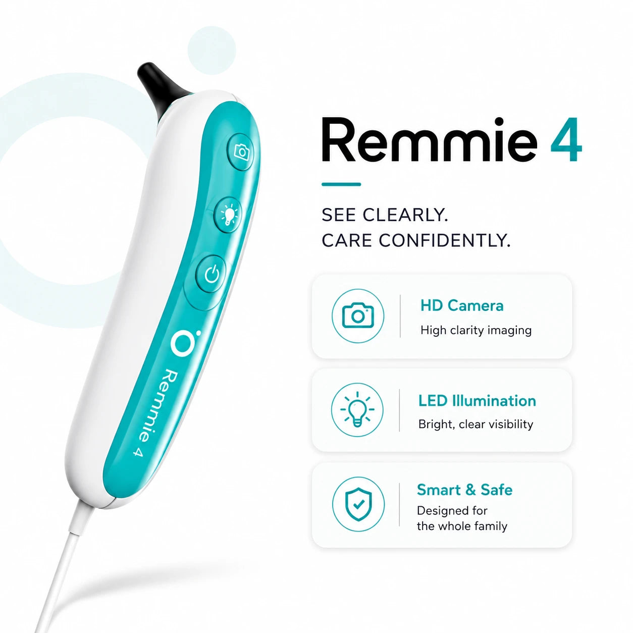 The Remmie 4 digital otoscope — HD camera, LED illumination, and a smart, safe design for the whole family
