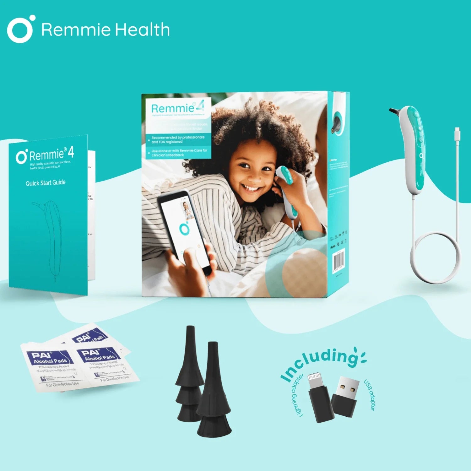 The Remmie 4 package contents: device with USB-C cable, retail box, Quick Start Guide, two replacement ear specula, alcohol cleaning pads, and USB-A and Lightning adapters