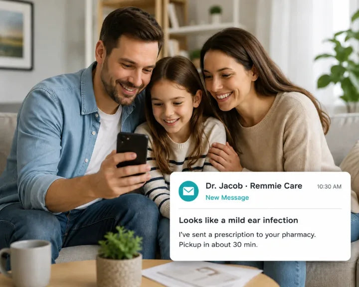 A happy family looks at a phone showing an email notification from a Remmie Care physician
